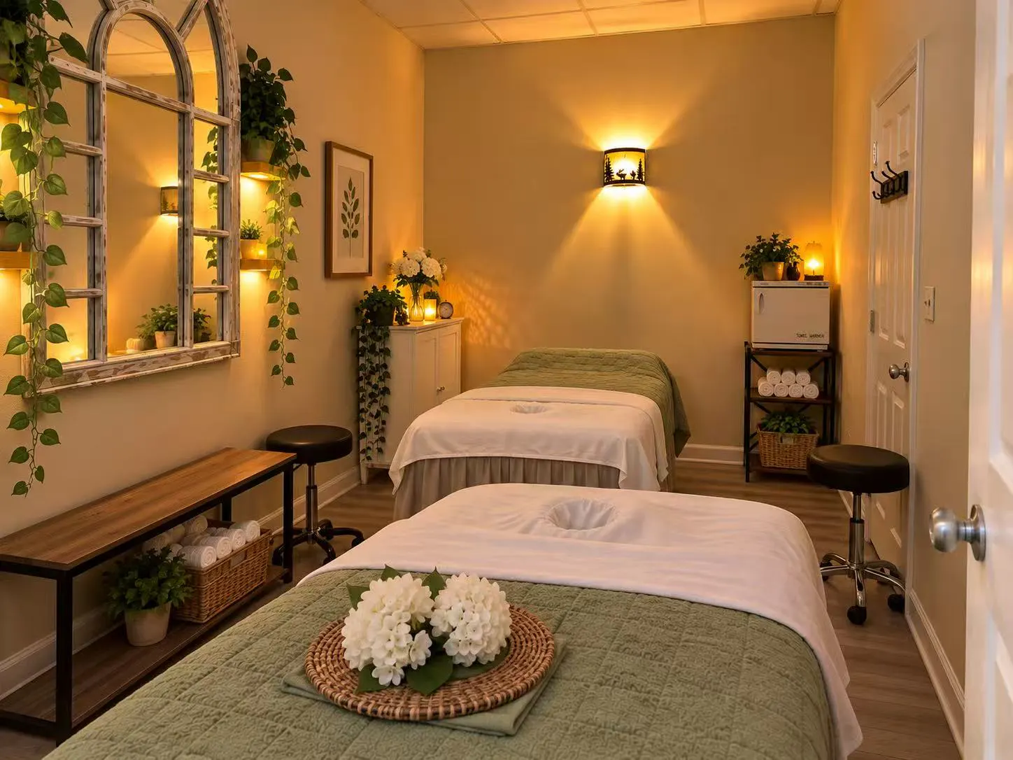 Two massage tables in one room, white flowers on a woven tray set out on the nearer one