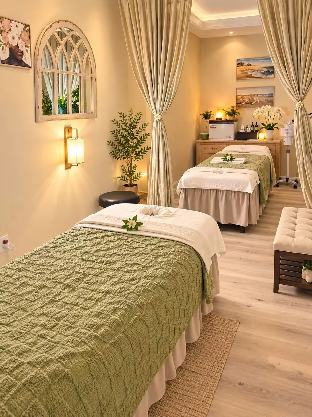 Two massage tables with sage-green blankets behind tied-back curtains, with orchids and beach paintings