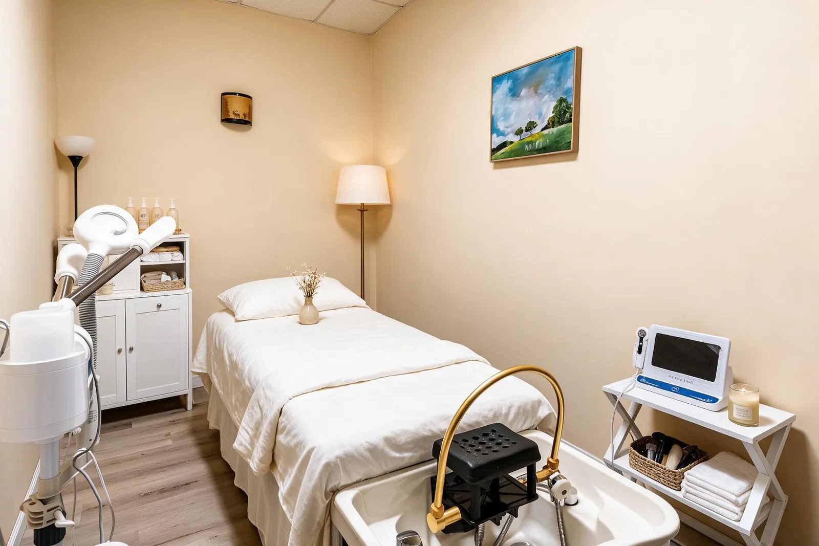 A head spa basin with a gold faucet at the end of a treatment bed, beside a facial steamer