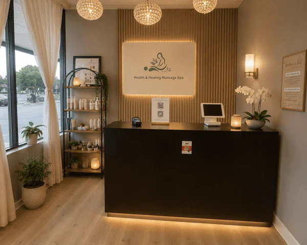 The front desk under a backlit Health & Healing Massage Spa sign, with white orchids at one end