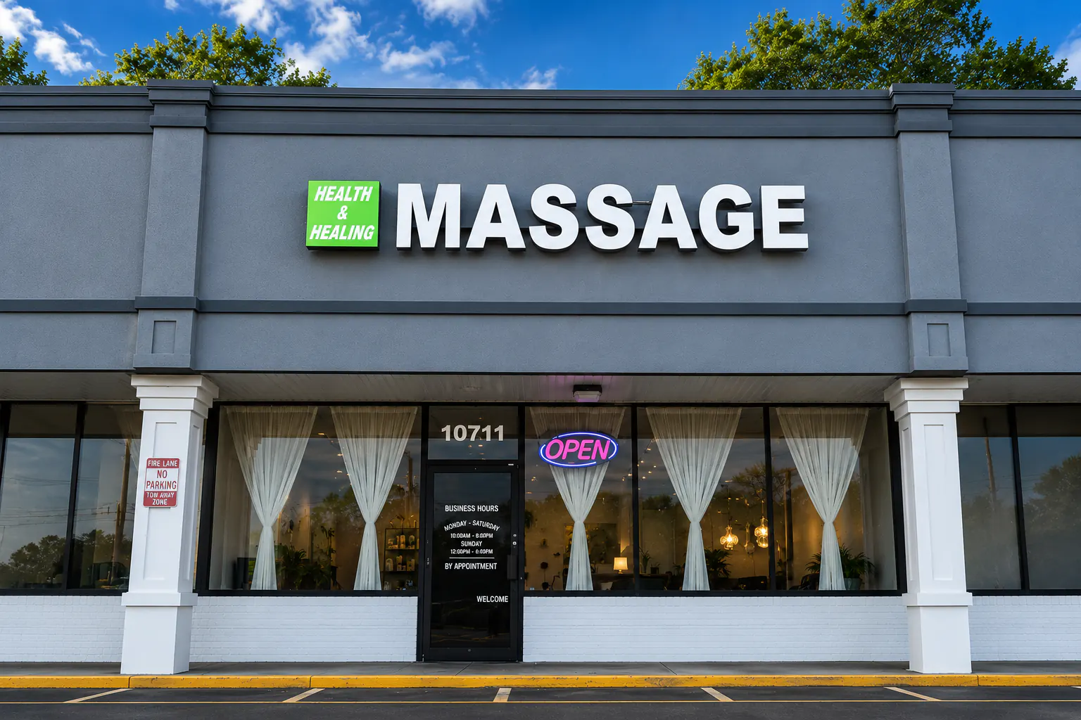 Storefront at 10711 with a green Health & Healing sign and a striped parking lot in front