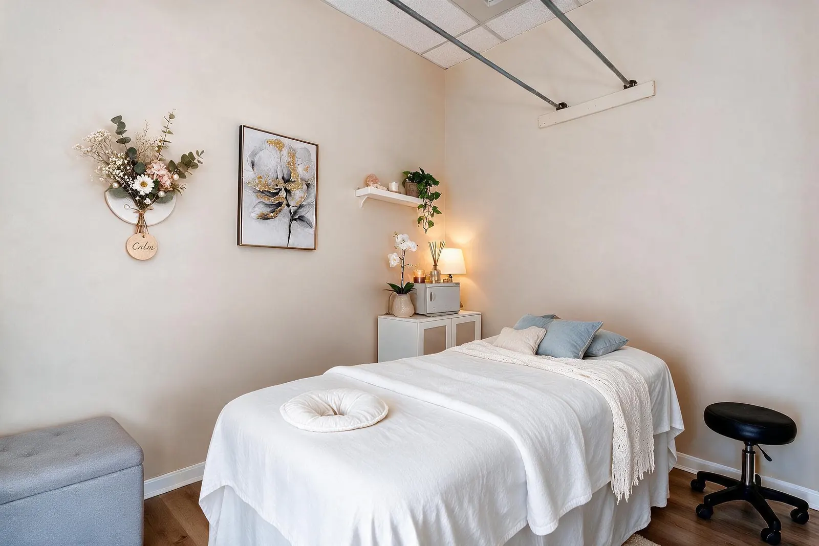 Massage table in white linens beside a lamp, an orchid and a framed flower print